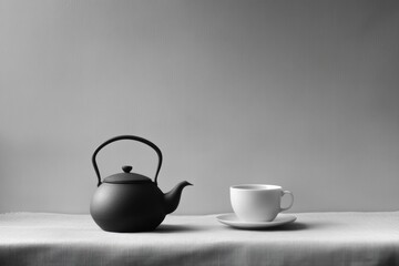 Poster - The black tea kettle sits gracefully next to a white cup on a tabletop, inviting moments of tranquility during afternoon relaxation. Generative AI