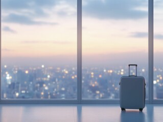 Business traveler in luxury hotel, city lights outside the window, suitcase by the door