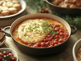 Cooking festive dishes, family traditions being passed down, cozy kitchen filled with holiday warmth