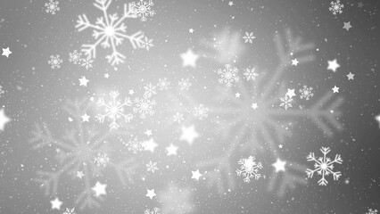 Wall Mural - silver white snowflakes and stars on gray winter copy space holiday concept background. illustration