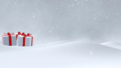 Wall Mural - holiday present gift with red ribbons on snowy winter landscape copy space greeting card illustratio