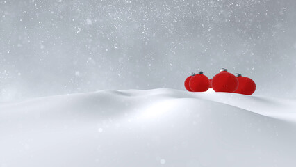 Wall Mural - winter snowy landscape with red christmas baubles ornaments and falling snowflakes effect holiday co