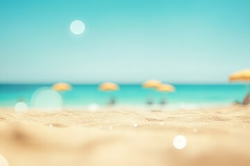 Tranquil beach with yellow umbrellas and soft sand under a clear blue sky.