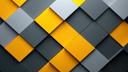 A modern geometric pattern featuring yellow, gray, and black squares arranged in a diamond layout, creating a vibrant and textured abstract design.