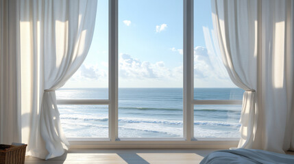 Wall Mural - breezy coastal view of the ocean framed by sheer white curtains in a bright room during a sunny day
