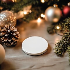 Elegant holiday decoration with a blank white circle amidst festive ornaments and pine.