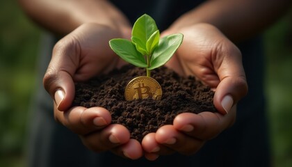 A close-up of two hands gently holding a young green plant sprouting from the soil, symbolizing growth and care.