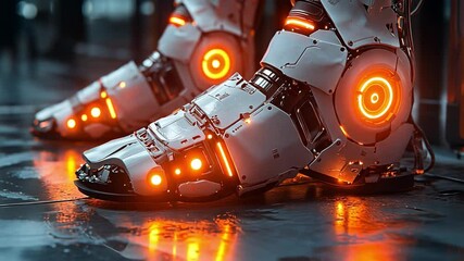Poster - This Glowing robotic boots showcase advanced technology in a modern urban setting after dark. Prosthesis