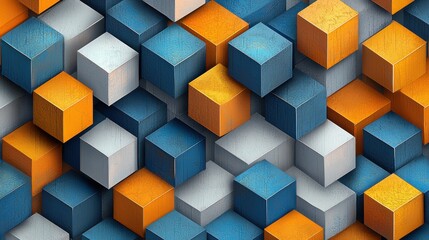 Wall Mural - An artistic composition of textured cubes in varying shades of orange, blue, and gray, creating a visually striking and modern design. Ideal for digital displays.