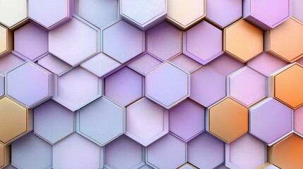 Wall Mural - A close-up view of hexagon shapes in soft pastel shades of purple and gold. The modern design showcases a textured background with geometric patterns.