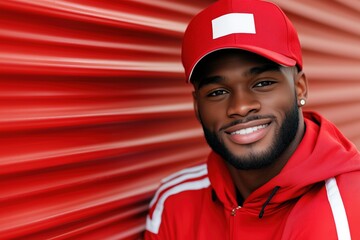 Smiling young man in a vibrant red outfit posing against a textured wall. Generative AI