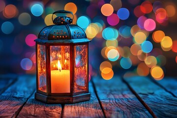 Wall Mural - A lit candle lantern on a wooden table with a colorful bokeh background.