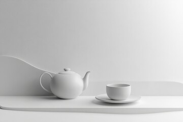 Aufkleber - A simple white tea kettle rests next to a matching cup and saucer on a smooth countertop, illuminated by natural light. Generative AI