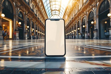 Realistic POV capture showing a hand holding a mobile phone with a blank white screen open to a messaging app interface Stock Photo with copy space

