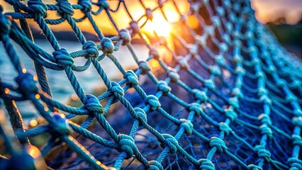 A close-up view of a blue rope net with the sun shining through the woven strands, creating a warm glow and highlighting the intricate knots.