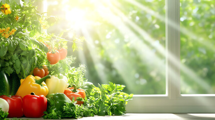 Rustic kitchen with fresh produce on display, green herbs, tomatoes, and bell peppers arranged beautifully, sunlight illuminating the kitchen, homestyle atmosphere