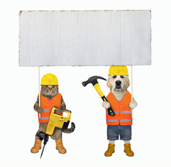 Wall Mural - Cat and dog workers holding blank placard