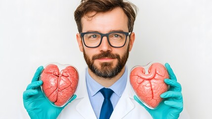 a lab-coated man holds two realistic brain models, showcasing a blend of science and anatomy in a vi