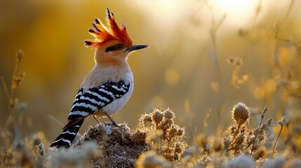 Wall Mural - A hoopoe bird with a distinctive crest perched on a rock in a field of wildflowers.