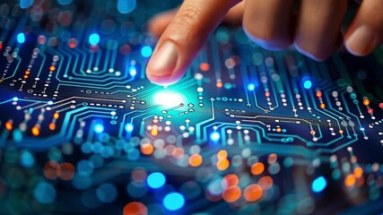 Aufkleber - A fingertip gently touches a circuit board covered in glowing lights, illustrating the intricate connections and advanced technology present in modern electronics.