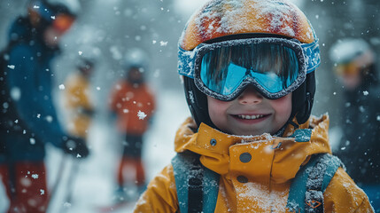 young child close-up of standing at the top of a snowy slope. adventurous wintersport scene.