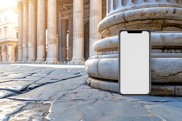 Realistic POV capture showing a hand holding a mobile phone with a blank white screen open to a messaging app interface Stock Photo with copy space
