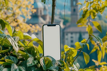 Realistic POV capture showing a hand holding a mobile phone with a blank white screen open to a messaging app interface Stock Photo with copy space

