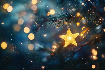 Aufkleber - The night sky sparkles with stars as abstract Christmas lights dance around a bright star ornament on a festive tree branch. Generative AI