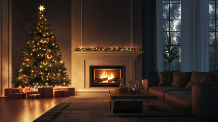 Wall Mural - christmas tree decorated with lights and gifts inside the house with fireplace