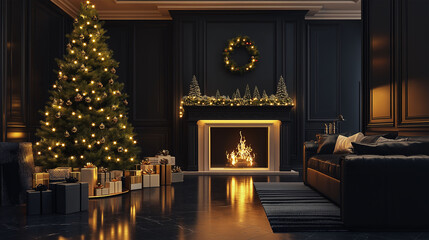Wall Mural - christmas tree decorated with lights and gifts inside the house with fireplace
