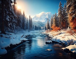 winter forest with a river and a beautiful mountain