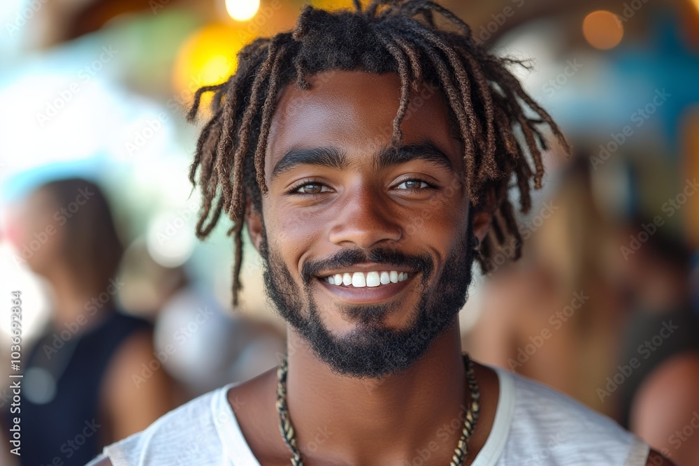 Man with dreadlocks and a beard is smiling and wearing a white shirt ...