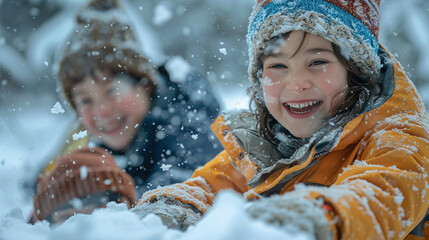 Children having fun in the snow - They are smiling and laughing as they build a snowman