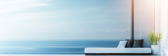 Wall Mural - Minimalistic White Sofa by Large Window Facing Ocean View. Sky with Natural Light. 3D Rendering