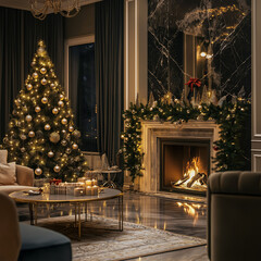 Wall Mural - christmas tree decorated with lights and gifts inside the house with fireplace