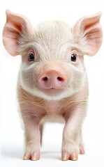 A cute piglet with a pink snout and soft ears, white background