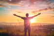 © john - Happy man rise hand on morning view. Christian inspire praise God on good friday background. Now one man self confidence on peak open arms enjoying nature the sun concept world wisdom fun hope