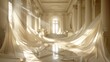 © Tina - Sunlight streams through a grand, white marble hallway draped in flowing fabric.