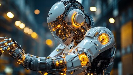 Poster - This robot extends its arm, displaying intricate gears and glowing elements in an industrial setting. Exoskeleton