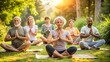 © Nadiia - Group of diverse people doing yoga exercises together in park in summer. Group of people practicing yoga in park
