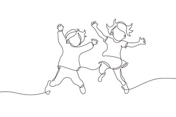 Wall Mural - Happy Children Jumping Silhouette Continuous One Line Drawing. Kids Players Abstract Minimal Line Art Drawing. Vector Linear Illustration. Modern Trendy Contour Drawing