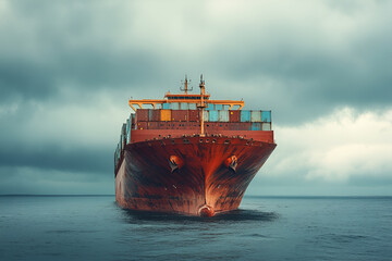 A cargo ship is sailing in the fog