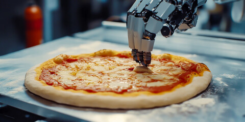 Poster - A robot is cutting a pizza. The robot is made of metal and has a human-like appearance. The pizza is on a metal tray and is being cut into slices