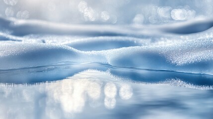 Leinwandbilder - Soft, shimmering snow textures create a serene atmosphere as they glisten next to a calm water surface in the winter sun. Generative AI