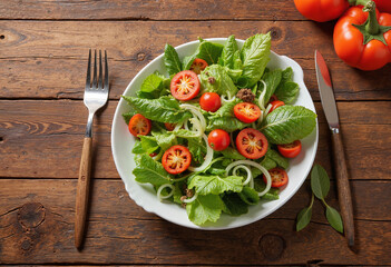 Fresh salad with tomatoes and greens on wooden table, healthy eating concept