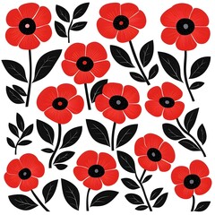 Wall Mural - Striking Retro Inspired Red Poppy Floral Pattern in Bold Geometric Grid Layout on White Background