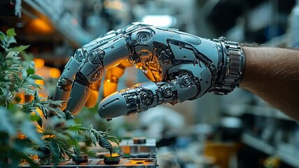 Poster - This robotic hand is carefully reaching for vibrant plants in a futuristic lab setting. Prosthesis