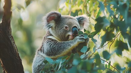 Wall Mural - Koala Bear Calmly Chews on Eucalyptus Leaves in Lush Tree Canopy