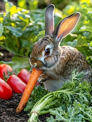 Curious Rabbit Nibbling on Fresh Carrot in Vibrant Garden Setting