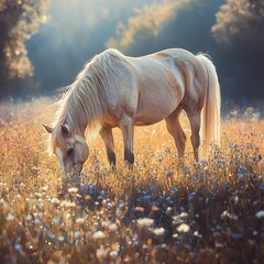 Poster - Majestic Horse Grazing in Sunlit Pasture with Flowing Mane and Wildflowers